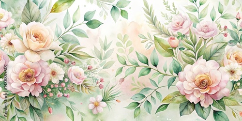 Elegant Watercolor Roses and Greenery Floral Design Featuring Delicate Pastels and Lush Foliage for a Romantic and Serene Atmosphere