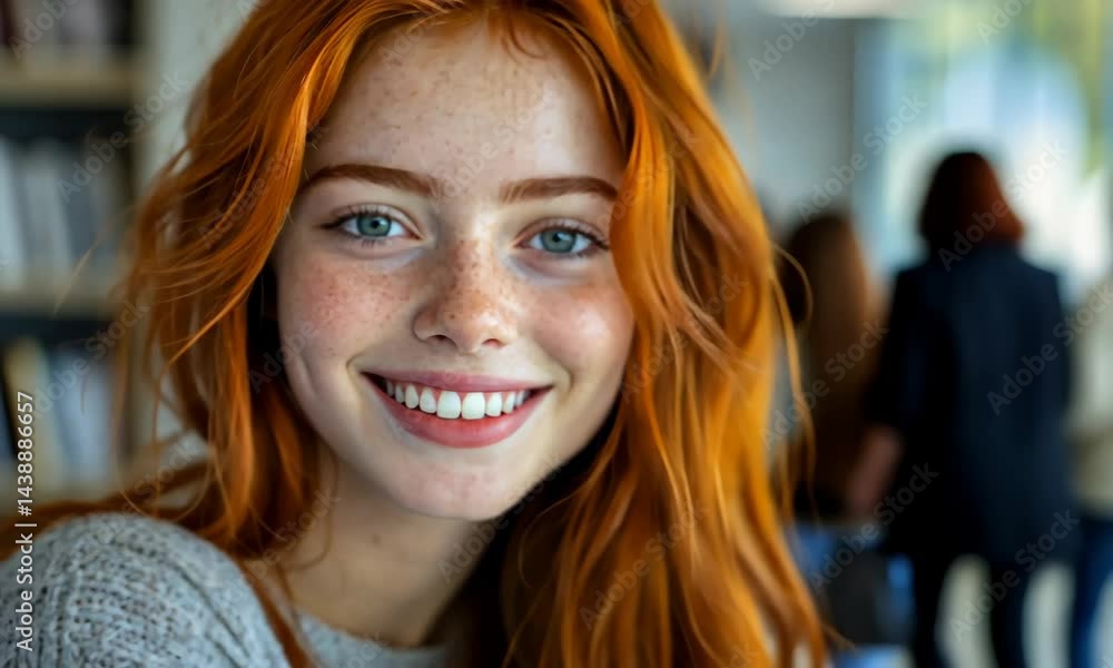 Cheerful redhead woman smiling brightly in modern cafe setting Cheerful redhead woman smiling brightly in modern cafe setting