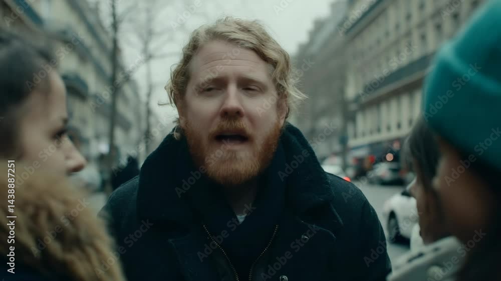 Man with a red beard talks in the city, wearing a dark coat while interacting with others in an outdoor street scene during the daytime. Man with a red beard talks in the city, wearing a dark coat while interacting with others in an outdoor street scene during the daytime.