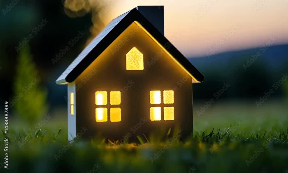 Miniature house illuminated at sunset in lush garden setting Miniature house illuminated at sunset in lush garden setting