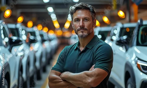 Confident engineer in modern car production line displaying automotive excellence