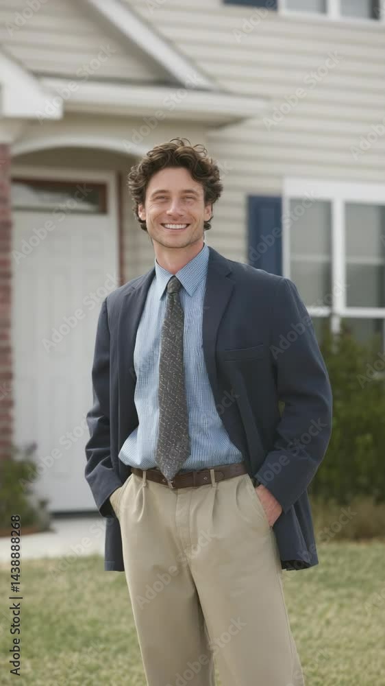 Smiling man in professional attire stands in front of a house, hands in pockets, looking at the camera with a hopeful expression Smiling man in professional attire stands in front of a house, hands in pockets, looking at the camera with a hopeful expression