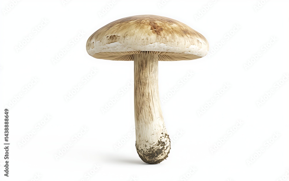 Single Mushroom with Cap & Stem, Edible Fungi, Mycological Interest on White Single Mushroom with Cap & Stem, Edible Fungi, Mycological Interest on White