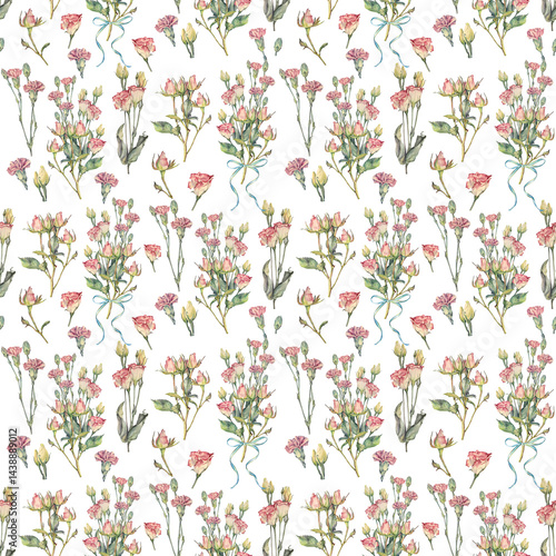 Wallpaper Mural Seamless pattern watercolor pink rose bud and carnation and green leaves with blue bow on white background. Spring summer hand-drawn flower for a wedding or March 8 celebration. Wallpaper or wrapping Torontodigital.ca