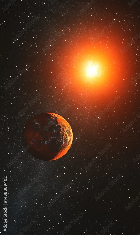 Obraz premium Planetscape Orange Planet in Dark Cosmos with Distant Sun and Starry Sky