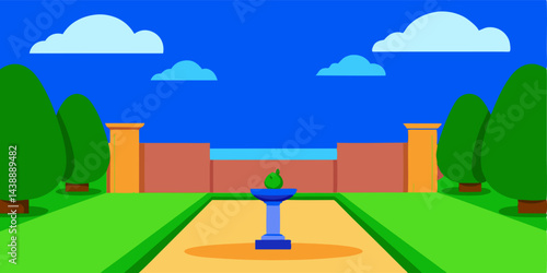 Cartoon Empty Garden Courtyard Under Blue Sky Vector Illustration