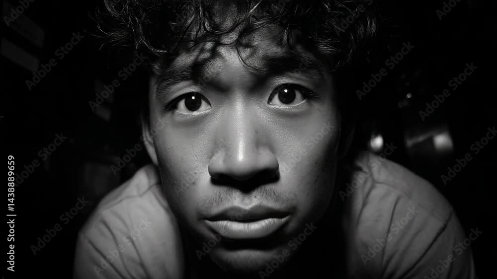 Monochrome extreme close-up of a young man's face with intense stare, conveying vulnerability and emotion in a dark, intimate setting Monochrome extreme close-up of a young man's face with intense stare, conveying vulnerability and emotion in a dark, intimate setting