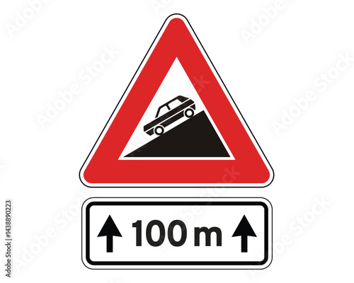 Steep Incline Road Sign with Distance Panel, Hazard Alert Indicator – High Quality Stock Image