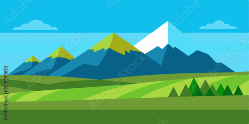Cartoon Mountain Range in Distance with Flat Green Landscape Vector Illustration