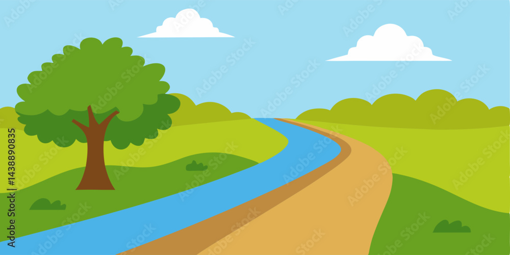 Explore Scenic Cartoon Flat Riverside Walking Path Vector Illustration Explore Scenic Cartoon Flat Riverside Walking Path Vector Illustration