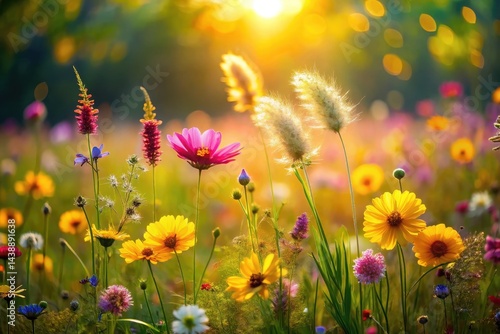 Golden Hour Meadow A Vibrant Tapestry of Wildflowers Basking in Sunlight's Embrace