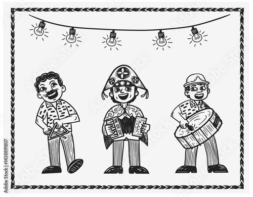 Charming woodcut illustration of a traditional Brazilian forró band playing accordion, triangle, and drum under festive lights.