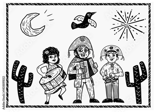 Woodcut illustration of a traditional Brazilian rhythm band playing accordion, triangle, and drum under festive lights.