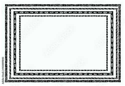 Rustic woodcut illustration of decorative rectangular frames with folk patterns, perfect for festive designs, invitations, and traditional art projects.