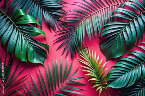Vibrant Tropical Leaf Arrangement on a Fuchsia Background A Lush Display of Exotic Foliage with Deep Green Hues and Striking Contrasts