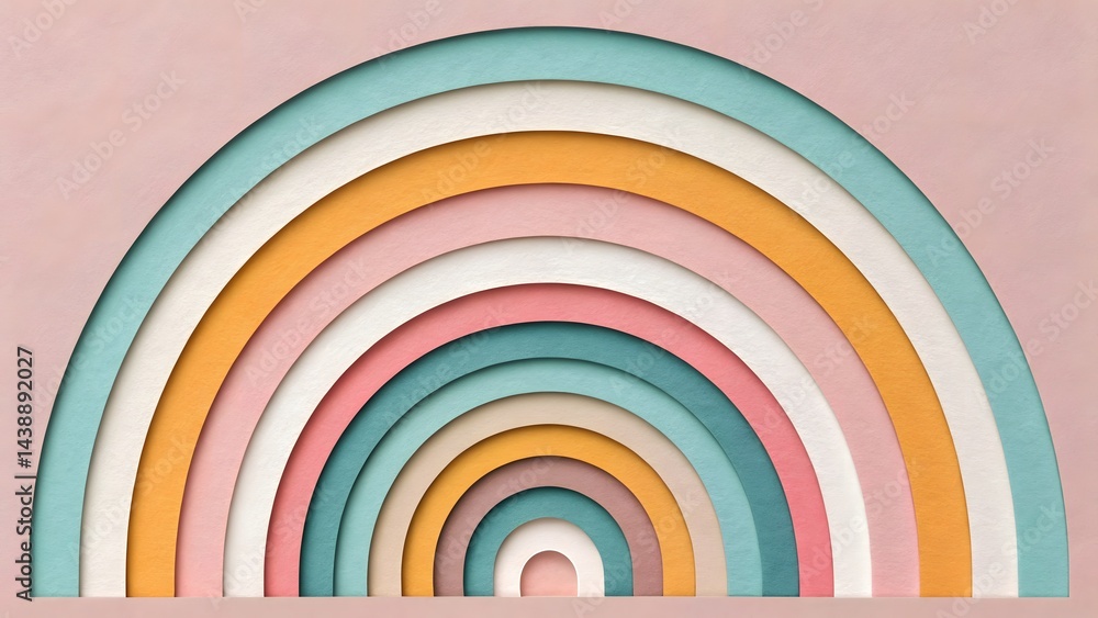 A pastel rainbow illustration with layered semicircles on a light pink background A pastel rainbow illustration with layered semicircles on a light pink background