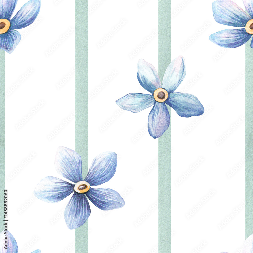 Obraz premium Floral seamless pattern with green watercolor stripes and light blue forget-me-not flowers Botanical watercolor pastel texture Perfect for fabrics, home textiles, background, seasonal wallpaper.