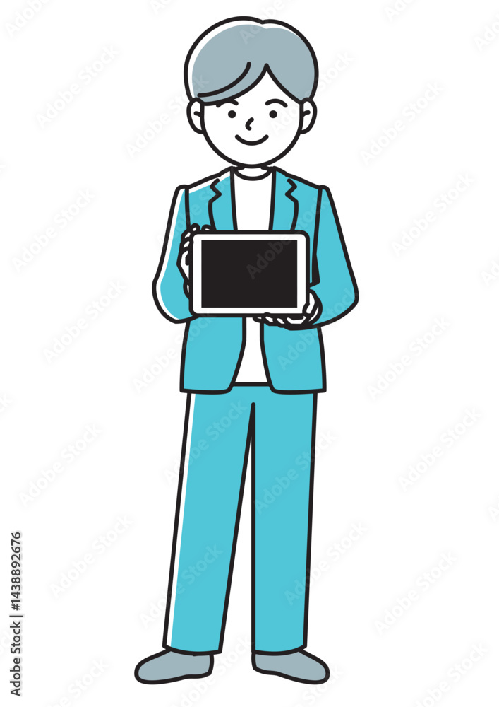 タブレット端末を持って画面を見せるビジネスマンの正面向きベクターイラスト タブレット端末を持って画面を見せるビジネスマンの正面向きベクターイラスト