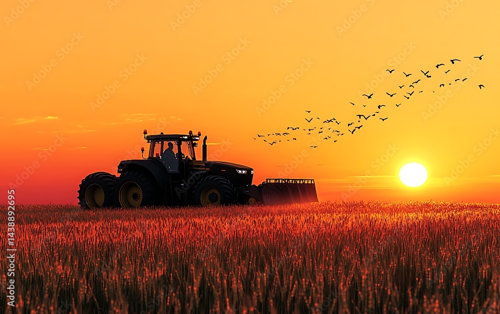 Fototapeta premium Tractor Silhouette at Sunset in Wheat Field with Bird Flock Scenic Vista