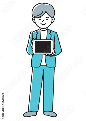 タブレット端末を持って画面を見せるビジネスマンの正面向きベクターイラスト