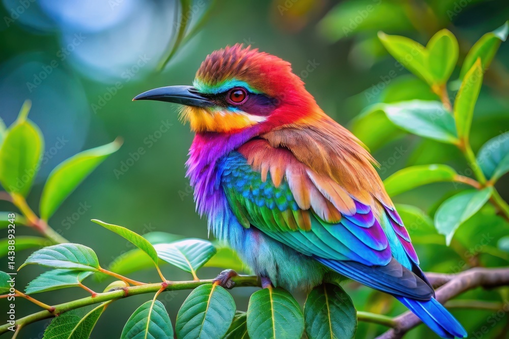 Fototapeta premium Vibrant Rainbow Bird Perched on Lush Green Foliage, Displaying a Kaleidoscope of Colors in its Exquisite Plumage