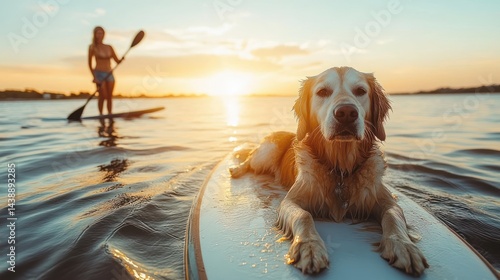 Golden Retriever enjoying paddleboarding at sunset with owner in the background