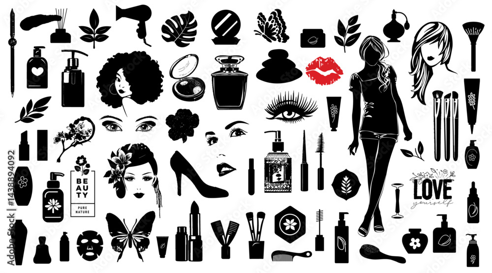 Obraz premium Beauty & Cosmetic Silhouettes Pack: A collection of black and white vector silhouettes of various beauty products, tools, and fashion items, creating a cohesive visual narrative of self-care and style