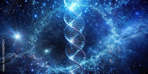 A luminous DNA helix ascends through a cosmic expanse of glittering stars and nebulas, a breathtaking visualization of life's origins and the mysteries of the universe.