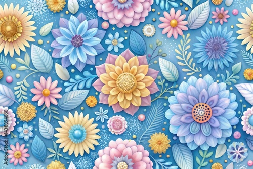 A Delightful Display of Pastel Blossoms and Lush Foliage Arranged in a Seamless Pattern on a Serene Blue Background