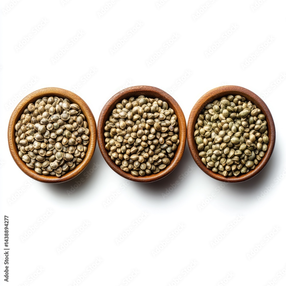 Dried brown organic buckwheat, coriander seeds, and other healthy legumes are isolated in wooden bowls Dried brown organic buckwheat, coriander seeds, and other healthy legumes are isolated in wooden bowls