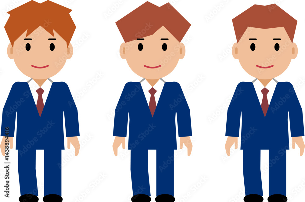 両手を下ろし、すまし顔の紺色スーツの若い男性 両手を下ろし、すまし顔の紺色スーツの若い男性