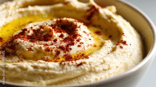 A bowl of freshly made hummus with a drizzle of olive oil and sprinkled paprika