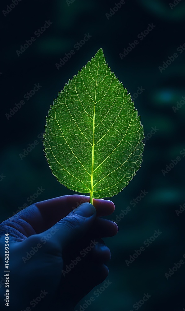 Hand Holding Translucent Green Leaf Veins Detail Against a Dark Background Hand Holding Translucent Green Leaf Veins Detail Against a Dark Background