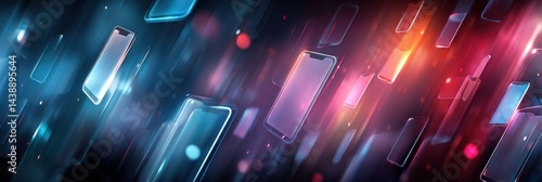Floating Smartphones Illuminate a Vibrant Digital Space Filled With Abstract Colors and Glowing Elements, Showcasing Modern Technology in Motion