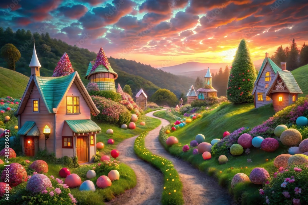 Obraz premium Enchanted Village Path at Sunset Whimsical Homes, Colorful Eggs, and a Winding Road Through a Dreamlike Landscape