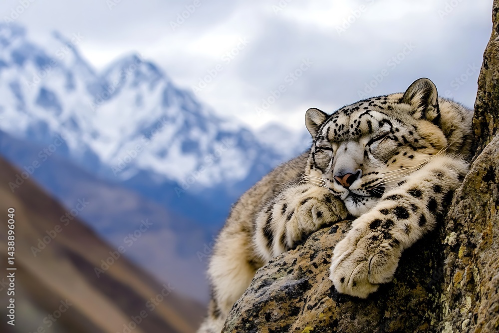 Obraz premium Snow Leopard Resting on a Rocky Ledge in a High-altitude Mountainous Region