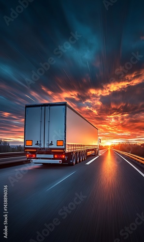 Fast Truck Moving on Highway at Sunset, Heavy Duty Vehicle with Blurred Motion