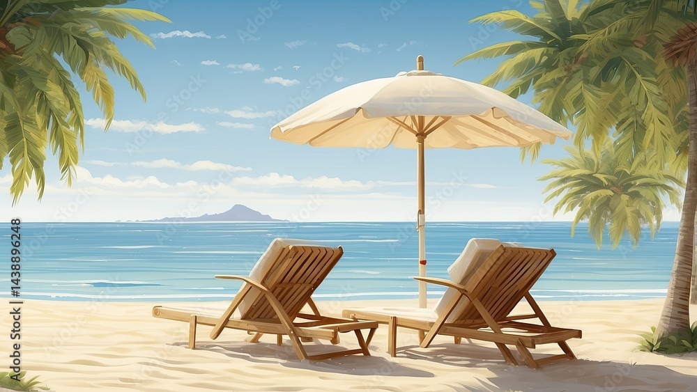 Obraz premium A tropical beach scene at sunrise or sunset.