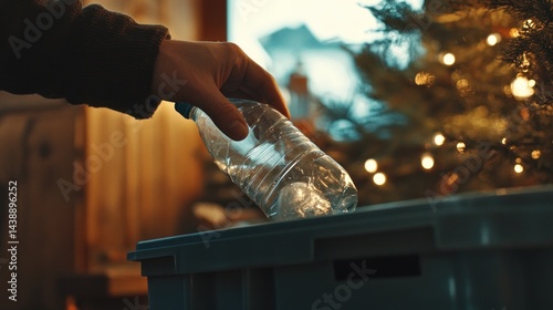 A close-up of a hand placing a plastic bottle into a recycling bin, with a focus on the act of recycling in a sustainable home environment, with soft, natural lighting 