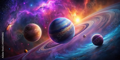 Cosmic Panorama A vibrant depiction of celestial bodies orbiting a ringed planet, set against a backdrop of nebulae and stars, showcasing the grandeur of the universe.