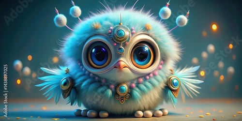Adorned Avian, a Whimsical Creature of Fluff and Fantasy, Embellished with Jewels and Intricate Detail, Posing Against a Softly Lit Background