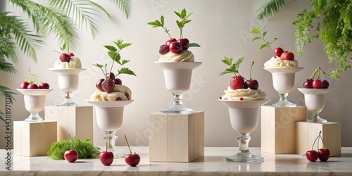 Wallpaper Mural Summertime Dessert Delight Creamy Whipped Treat Topped with Fresh Cherries and Berries in Elegant Glass Cups on Wooden Stands Torontodigital.ca