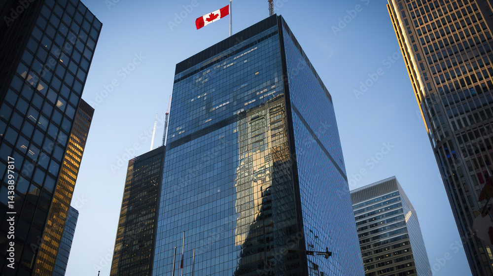 Obraz premium Modern central bank building with glass facade reflecting blue sky in financial district. Contemporary architecture, banking industry, economic power and financial stability concepts.