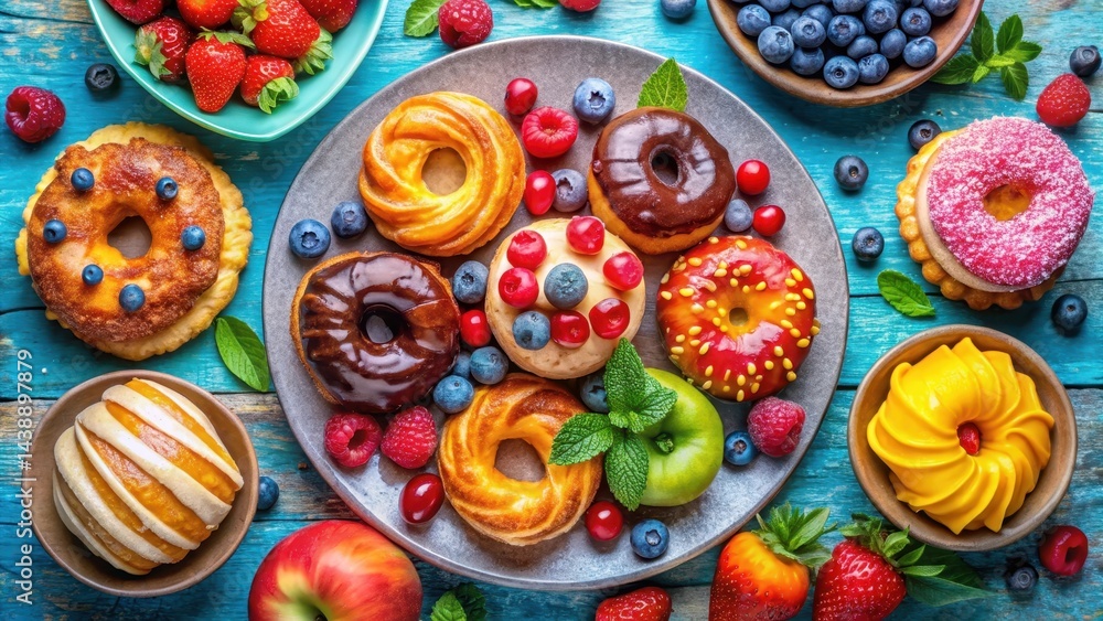 A delightful arrangement of assorted pastries and fresh fruit on a rustic blue wooden surface A delightful arrangement of assorted pastries and fresh fruit on a rustic blue wooden surface