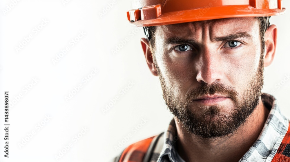Determined Construction Worker in Safety Helmet - Close-up Shot on White Background Determined Construction Worker in Safety Helmet - Close-up Shot on White Background