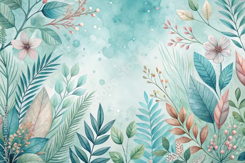 Serene Watercolor Botanical Frame with Delicate Floral Accents and a Soft Teal Background
