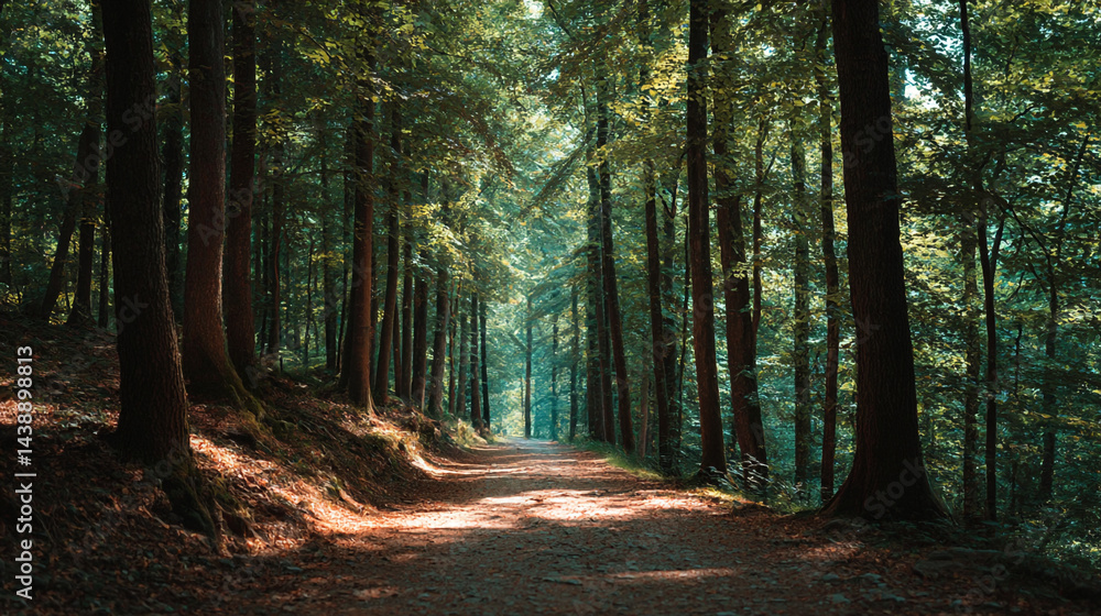 Obraz premium Beautiful forest path scenic nature landscape trees sunlight woods hiking trail outdoor adventure travel photography