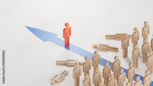 RED Wooden doll beating competition. Outsider and market domination concept.  economic status.3D rendering on white background.