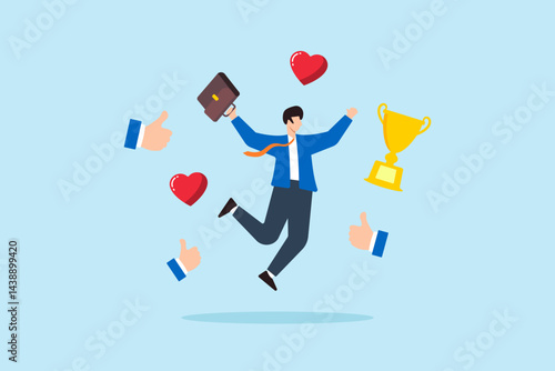Flat illustration of happy businessman celebrating with trophy hearts and likes for achievement performance and social approval