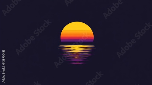 Retro sunset over calm water, gradient colors, minimal design.